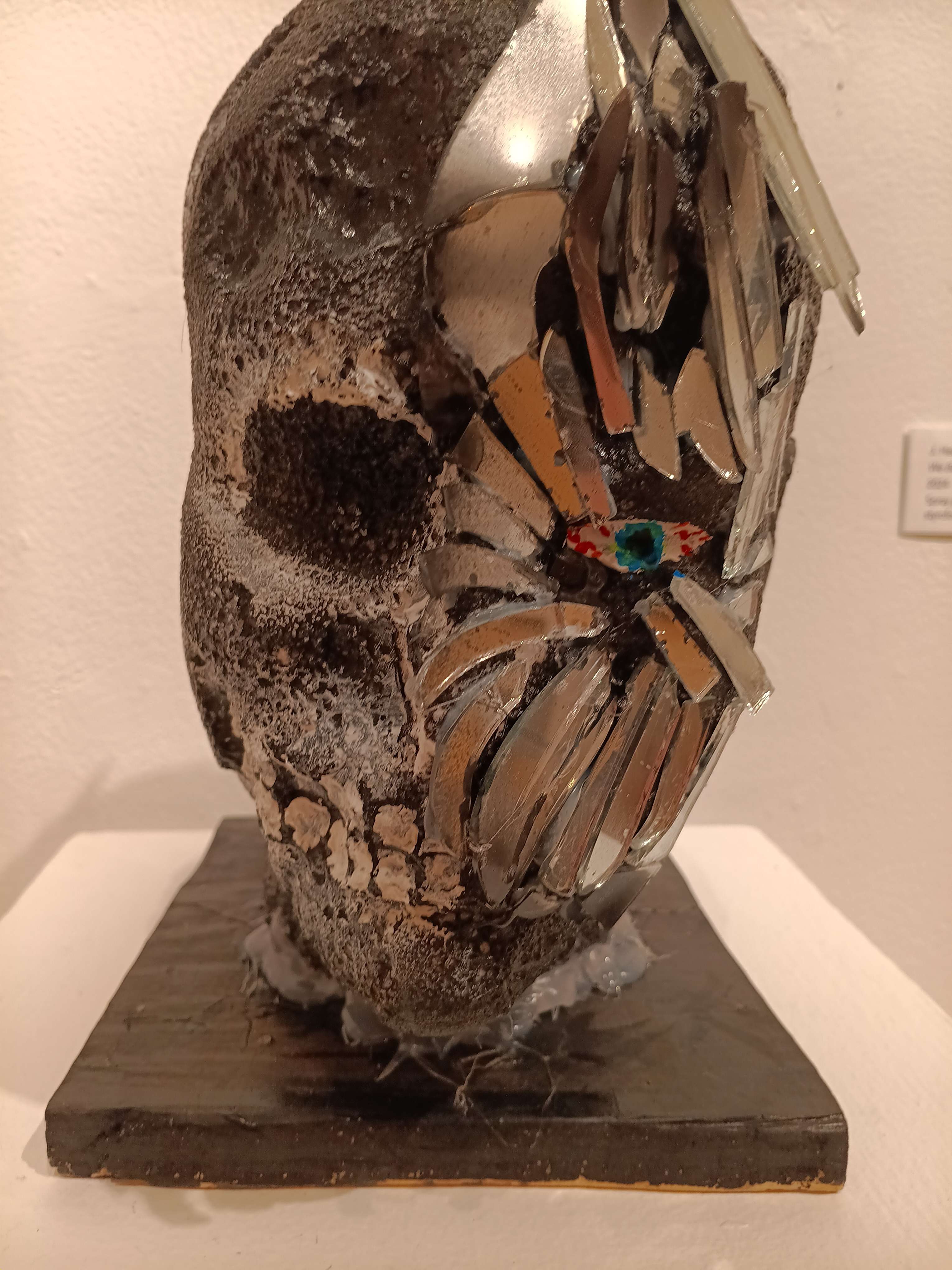 A black mannequin head with the right half of its face dissolved into a skull and the left half of its face covered in shards of broken mirror